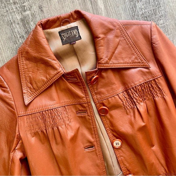 Vintage 1970s Split End Rust Orange 100% Leather Long Belted Trench Coat - Picture 12 of 17